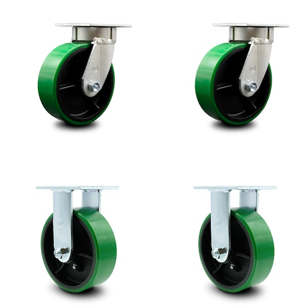 6 Inch Kingpinless Green Poly on Steel Wheel Swivel Caster Swivel 2 Rigid, 2PK